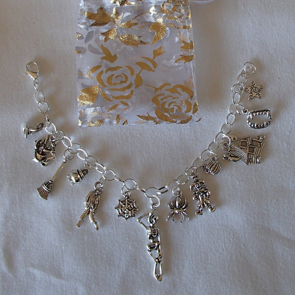 Halloween Theme 13 Charm Bracelet SP New Handcrafted + Organza Roses Gift Bag